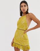 Fashion Union High Neck Lace Dress With Low Back - Yellow