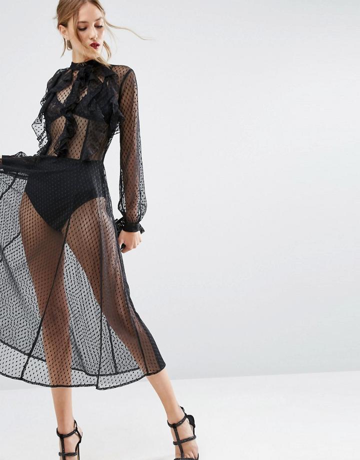 Asos Dobby Mesh Ruffle Bodice Skater Dress With Hot Pants - Black