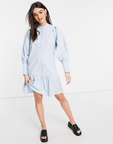 Y.a.s Cotton Mini Smock Dress With Deep Cuffs In Light Blue - Mblue-blues