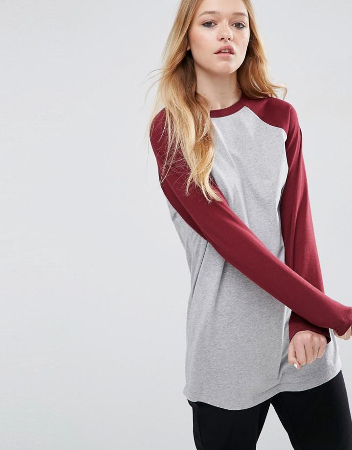 Asos Longline T-shirt With Contrast Sleeve - Gray