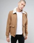 Threadbare Melton Wool Blend Flight Jacket With Fleece Collar - Tan