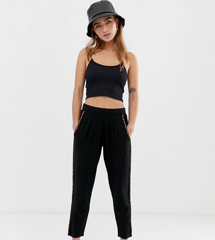 Asos Design Petite Jersey Peg Pants With Animal Print Contrast Bind - Black