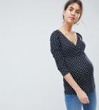 Asos Design Maternity Wrap Top With Tie Side And Ruched Sleeve Detail In Polka Dot - Multi