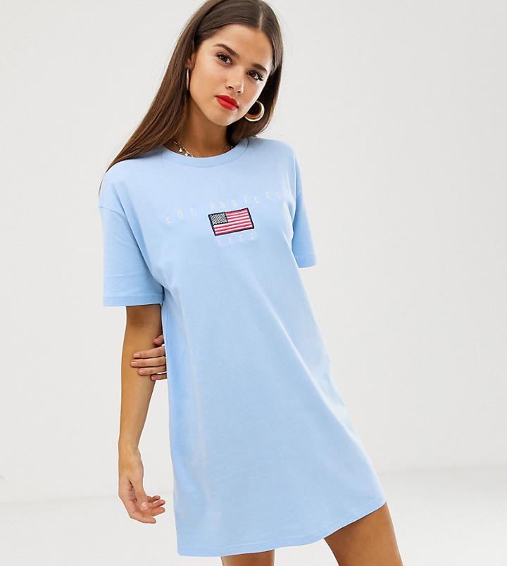 Daisy Street Oversized T-shirt Dress With Los Angeles Embroidery-blue