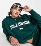 Collusion Varsity Print Hoodie In Dark Green