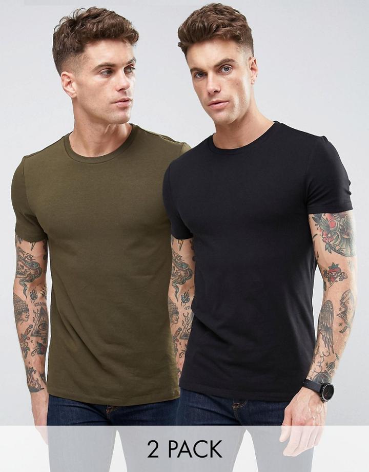 Asos 2 Pack Muscle T-shirt With Crew Neck In Green/black Save - Multi