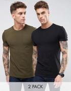 Asos 2 Pack Muscle T-shirt With Crew Neck In Green/black Save - Multi