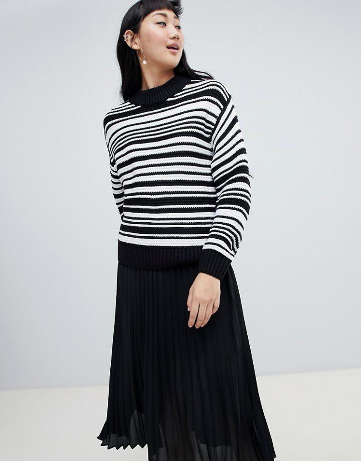 Monki Textured Crew Neck Stripe Sweater In Black And White - Black