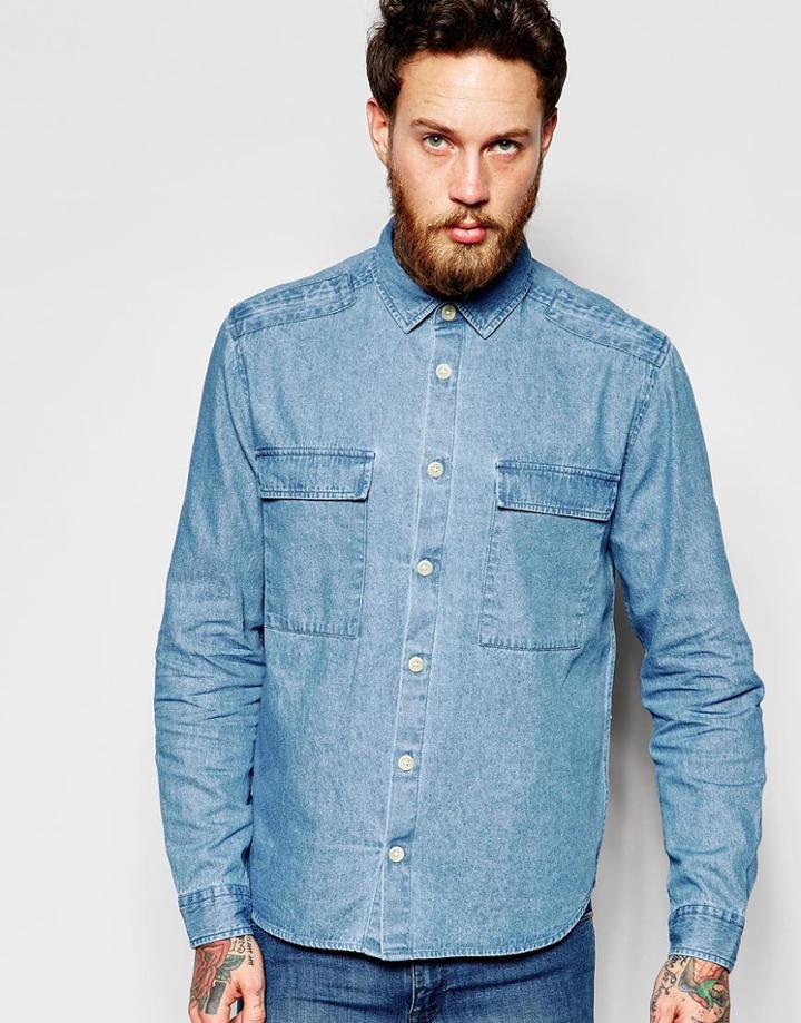 Asos Military Denim Shirt In Shacket Styling - Blue