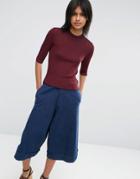 Asos Sweater In Sheer Rib With Double Neck Detail - Dark Red