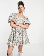 Sister Jane Puff Sleeve Mini Skater Dress In Tonal Tapestry Print-neutral