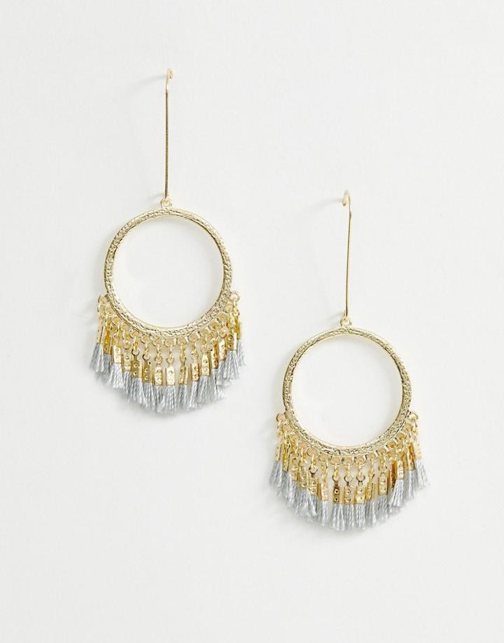Nylon Fringe Hoop Drop Earrings - Gold