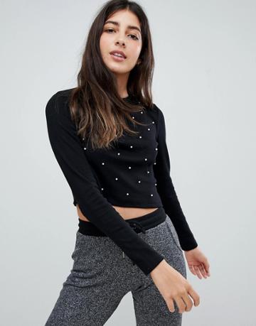 Brave Soul Fay Crop Top With Pearl Embellishment - Black