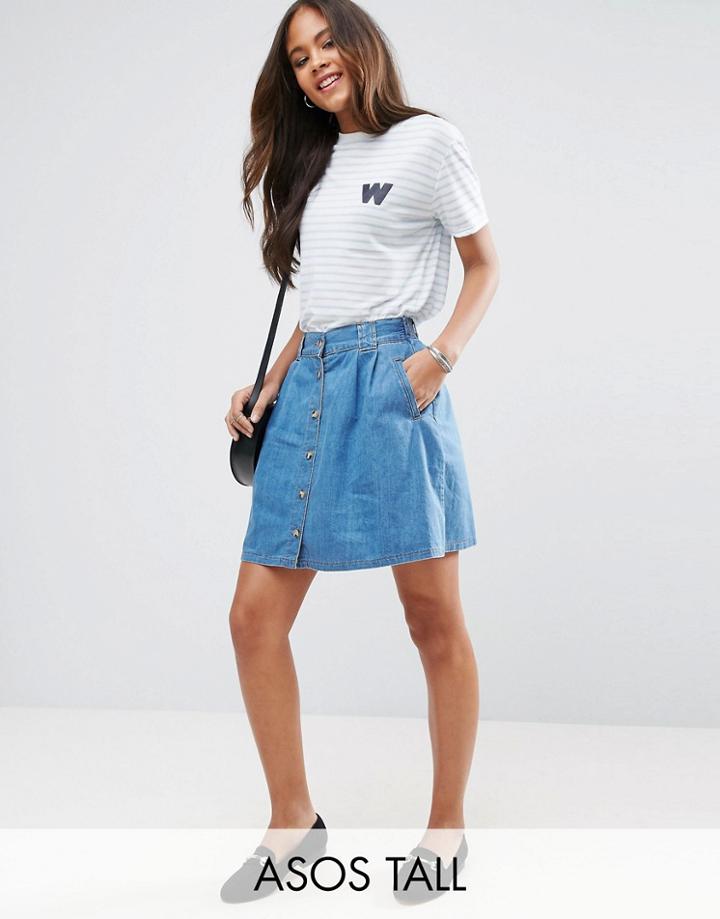 Asos Tall Denim Button Front Mini Skater Skirt In Mid Wash Blue - Blue