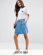 Asos Tall Denim Button Front Mini Skater Skirt In Mid Wash Blue - Blue