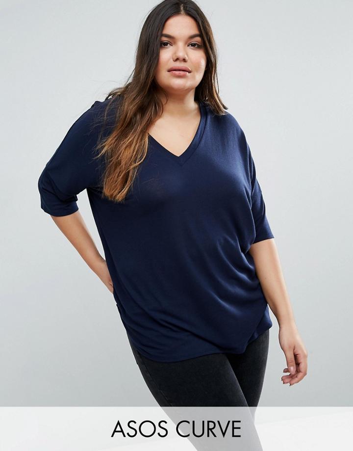 Asos Curve Oversized T-shirt In Rib With Dip Back - Navy