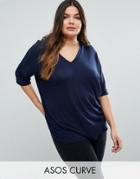 Asos Curve Oversized T-shirt In Rib With Dip Back - Navy