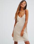 Pull & Bear Gold Metallic Plisse Cami Dress - Cream