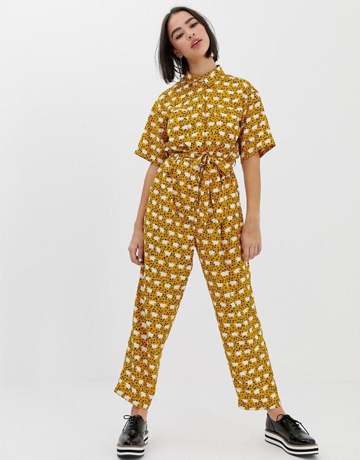 Monki Jumpsuit With Tie Front In Yellow Sheep Print - Multi