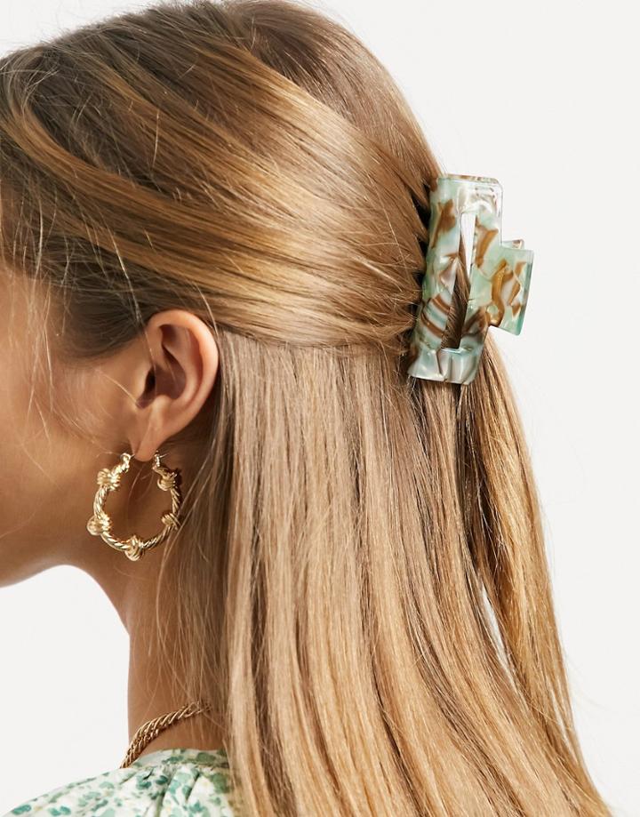 Asos Design Rectangle Hair Claw In Green And Brown Resin