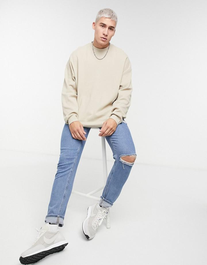 Asos Design Oversized Heavyweight Waffle Long Sleeve T-shirt In Beige-neutral