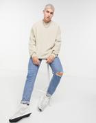 Asos Design Oversized Heavyweight Waffle Long Sleeve T-shirt In Beige-neutral