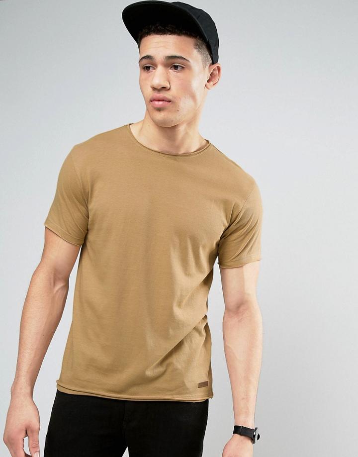 Brave Soul Basic Raw Edge T-shirt - Tan