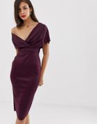 Asos Design Fallen Shoulder Midi Pencil Dress With Tie Detail-pink