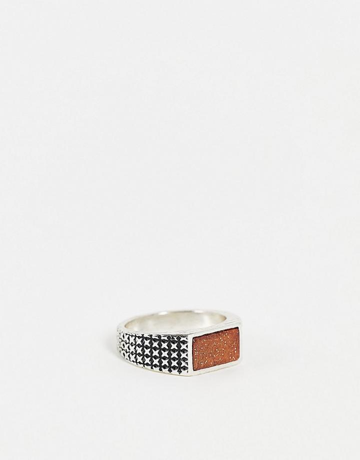 Asos Design Slim Signet Ring With Stone In Silver Tone