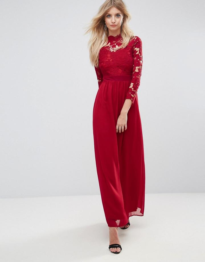 Club L 3/4 Sleeve High Neck Crochet Detailed Maxi Chiffon Dress - Red