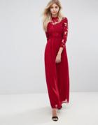 Club L 3/4 Sleeve High Neck Crochet Detailed Maxi Chiffon Dress - Red