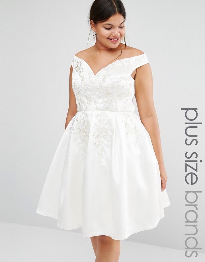 Chi Chi London Plus Off Shoulder Full Prom Midi Skater Dress With Lace Embroidery - Cream