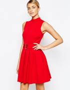 Love High Neck Mini Dress With Belt - Red