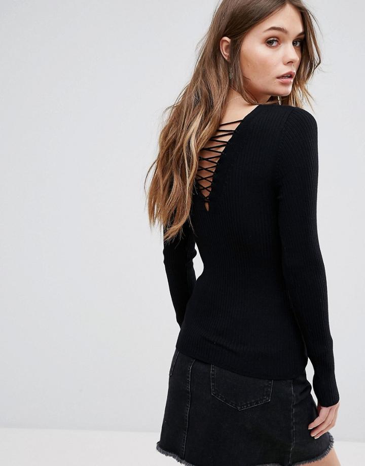 New Look Lattice Back Rib Top - Black