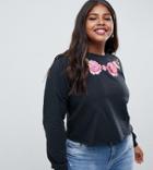 Asos Design Curve Sweatshirt With Floral Embroidery In Washed Black-gray