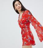 Missguided Petite Bell Sleeve Floral Romper - Red