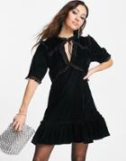 Topshop Ruffle Velvet Mini Dress In Black