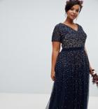 Maya Plus V Neck Maxi Tulle Dress With Contrast Tonal Delicate Sequins In Navy - Navy