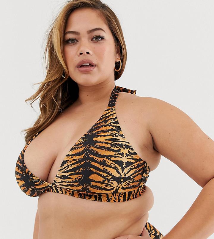 Wolf & Whistle Curve Exclusive Eco Triangle Bikini Top In Tiger Print-multi