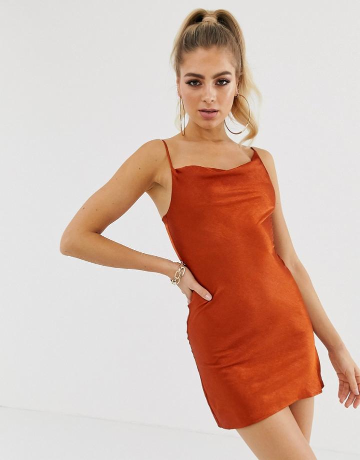 Club L London Satin Cowl Front Mini Dress With Asymmetric Strap Detail In Rust - Red
