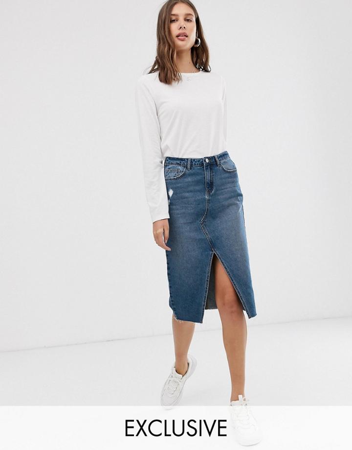 Only Denim Midi Skirt With Front Split-blue