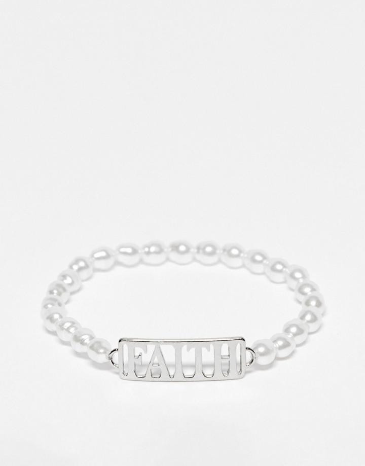 Asos Design Faux Pearl Beaded Bracelet In White With Faith Slogan Tab