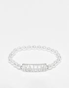 Asos Design Faux Pearl Beaded Bracelet In White With Faith Slogan Tab
