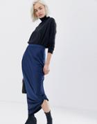 Asos Design Twist Knot Satin Bias Maxi Skirt - Navy