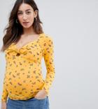 Asos Design Maternity Long Sleeve Top With Tie Front Detail In Ditsy Print - Multi
