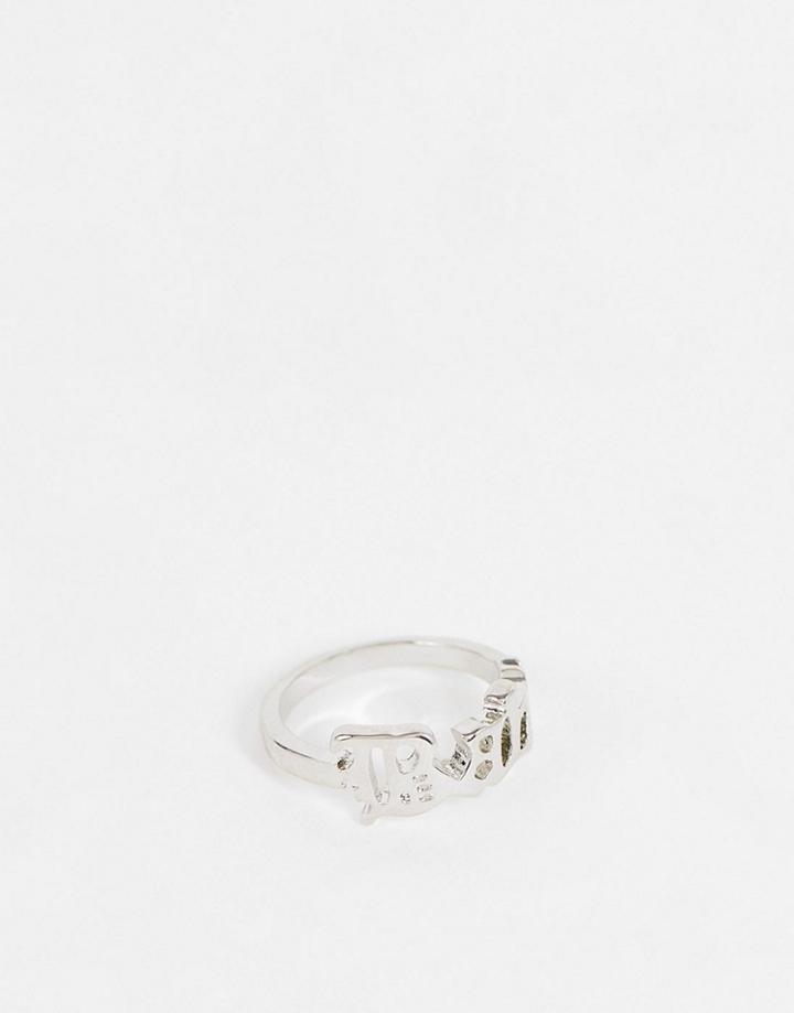Asos Design Pinky Ring With Baby Slogan In Silver Tone