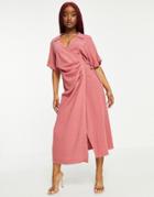 Asos Design Linen Wrap Midi Dress In Dusty Rose-pink