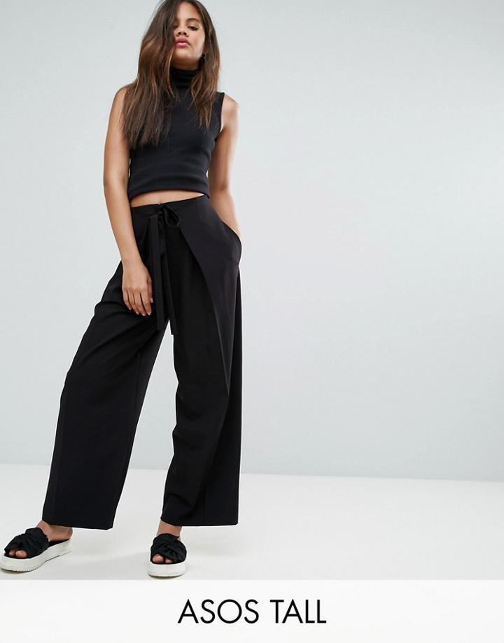 Asos Tall Clean Pleat Pants With Waist Tie Detail - Black