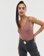 Asos Design V-neck Tank Body In Beige - Cream