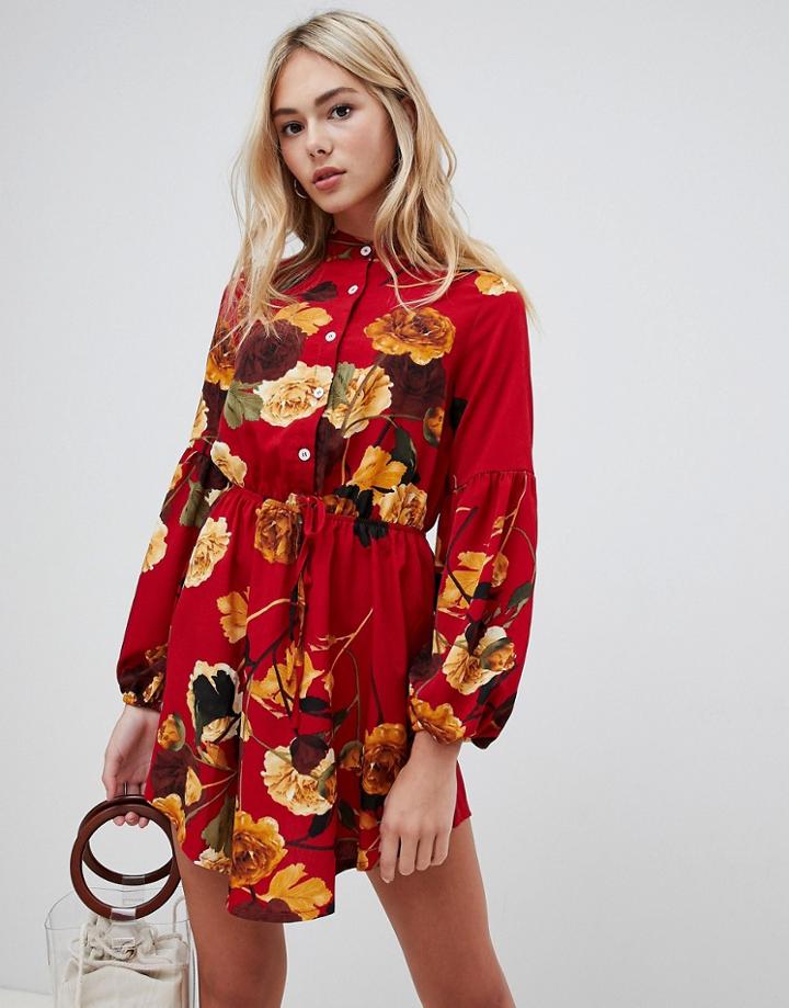 Parisian Floral Print Colarless Shirt Dress - Red